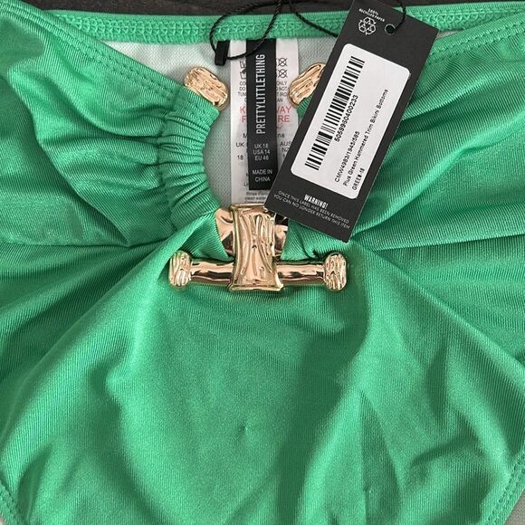 PrettyLittleThing Plus Green Hammered Bikini Bottom with Gold Detail - Sz 14 - Picture 3 of 7